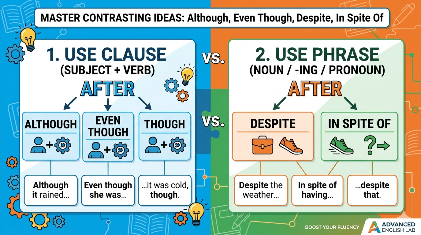 Contrasting ideas: 'although', 'despite' and others