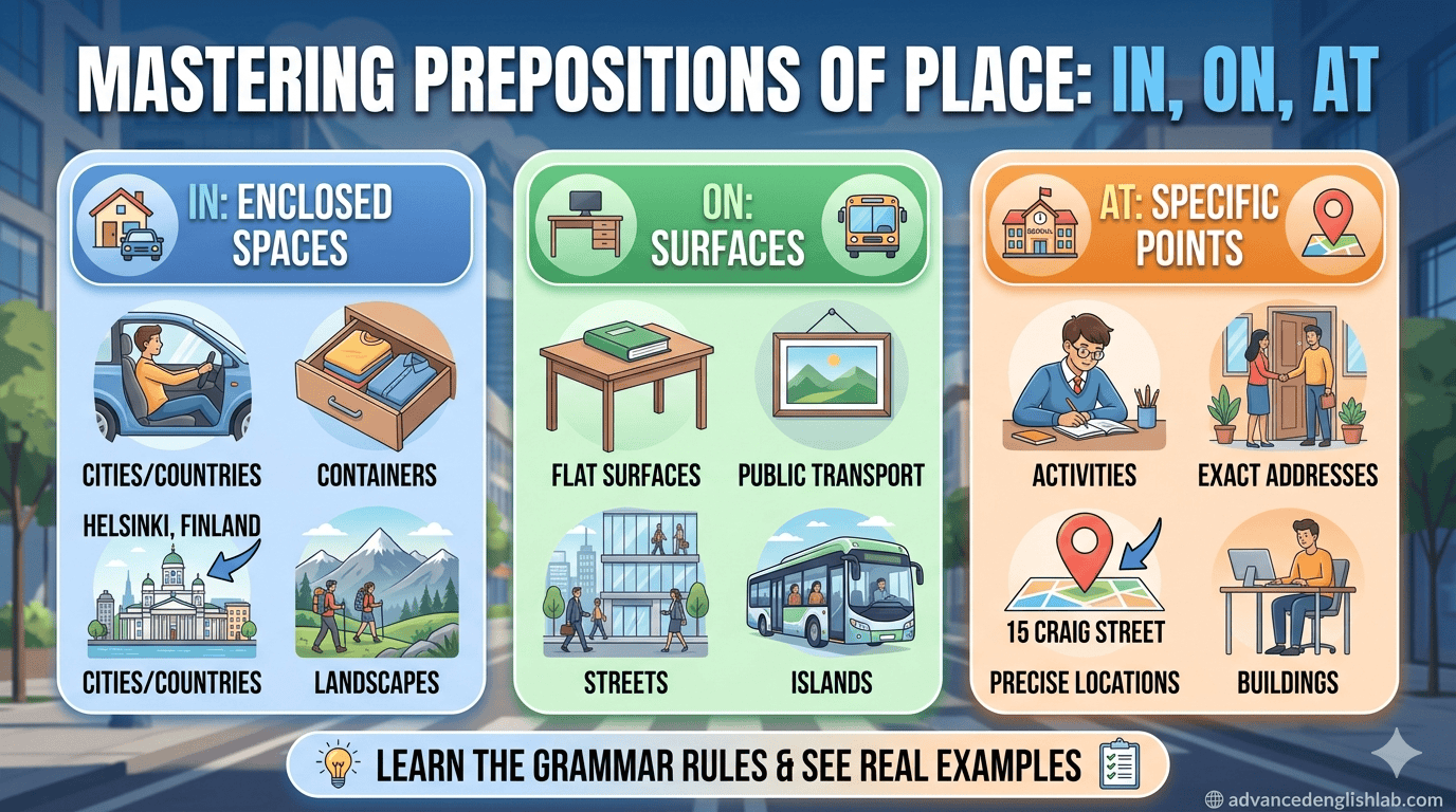 Prepositions of place: 'in', 'on', 'at'