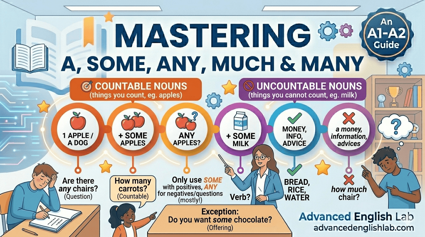 The Ultimate A1-A2 Guide to A, Some, Any, Much, and Many