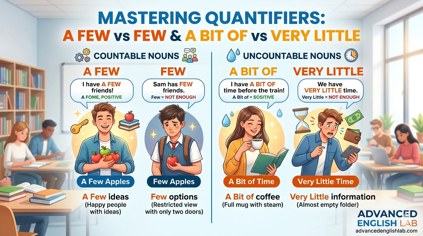 Quantifiers: 'few', 'a few', 'little' and 'a bit of'