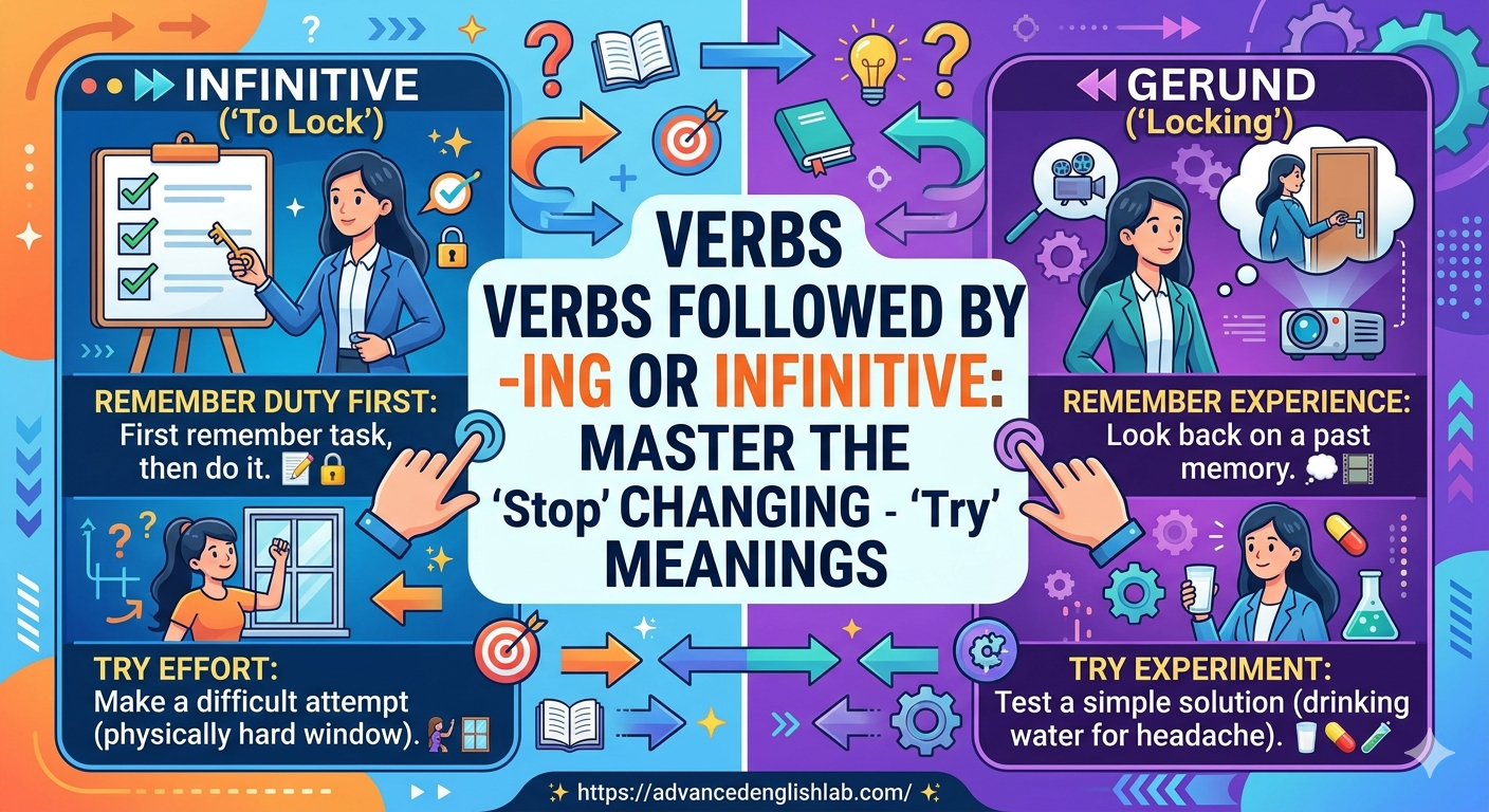 Verbs followed by '-ing' or infinitive to change meaning