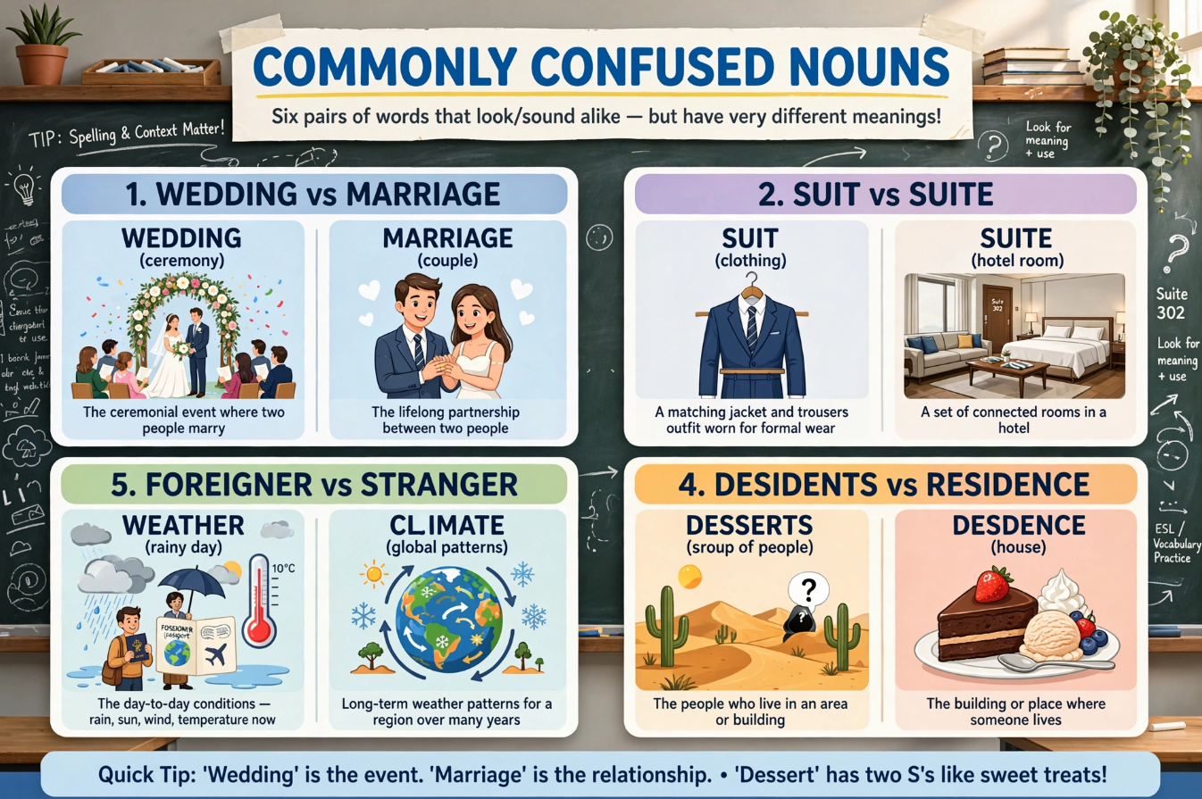 12 Commonly Confused Nouns Wedding vs. Marriage, Suit vs. Suite & More