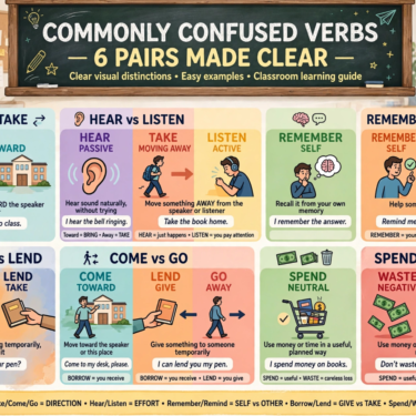 12 Confusing Verbs in English Bring Take Hear Listen Remember Remind Borrow Lend Come Go Spend Waste infographic