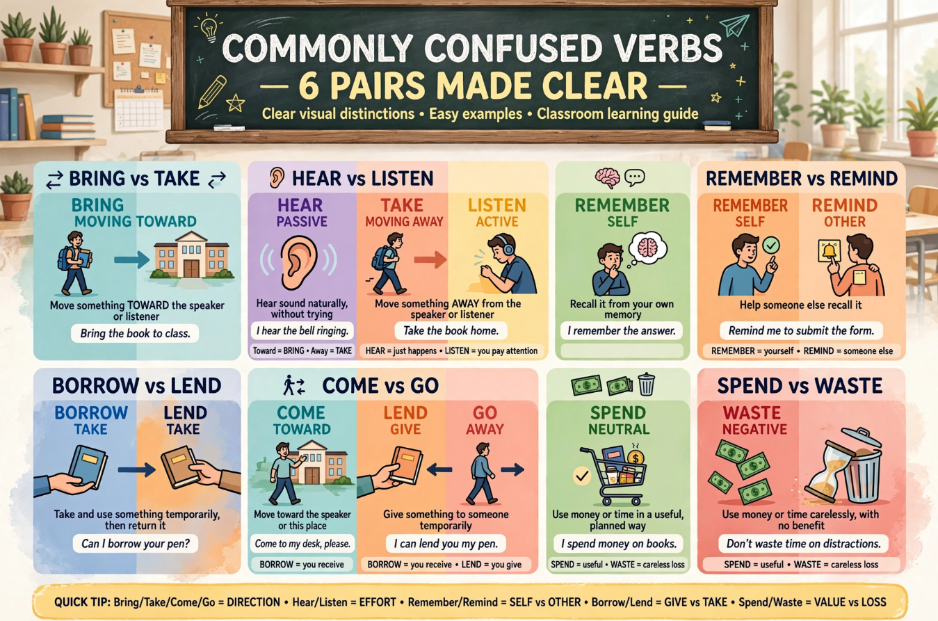 12 Confusing Verbs in English Bring Take Hear Listen Remember Remind Borrow Lend Come Go Spend Waste infographic