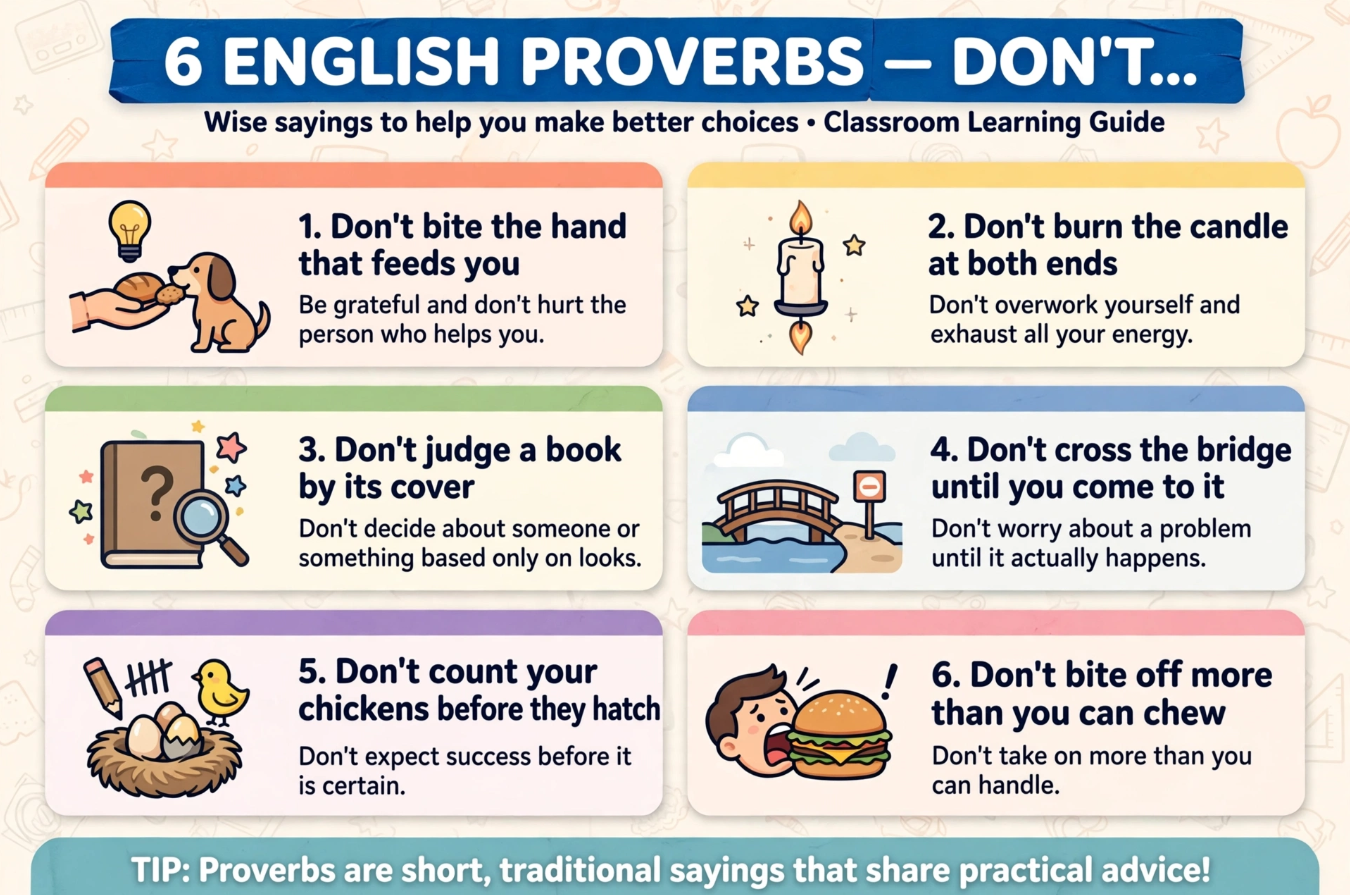 6 English proverbs starting with Don't - bite the hand that feeds you, burn the candle at both ends, judge a book by its cover, cross that bridge, count your chickens, bite off more than you can chew