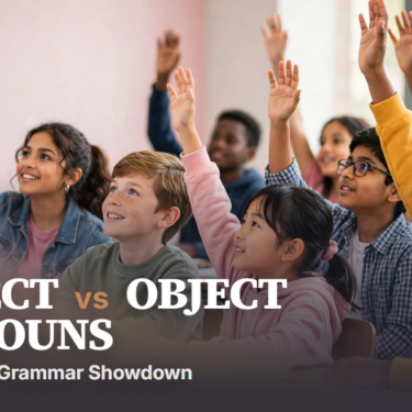 Grammar Challenge - Subject and Object Pronouns showing I vs Me, He vs Him, She vs Her, We vs Us, They vs Them with examples and SVO structure