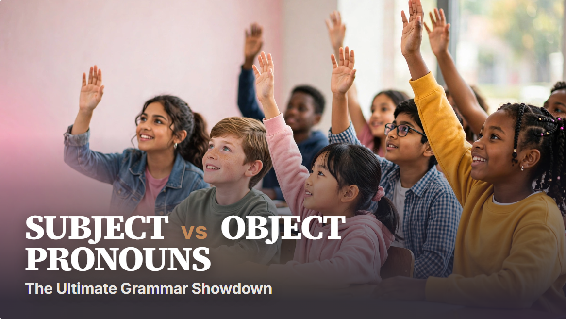Grammar Challenge - Subject and Object Pronouns showing I vs Me, He vs Him, She vs Her, We vs Us, They vs Them with examples and SVO structure