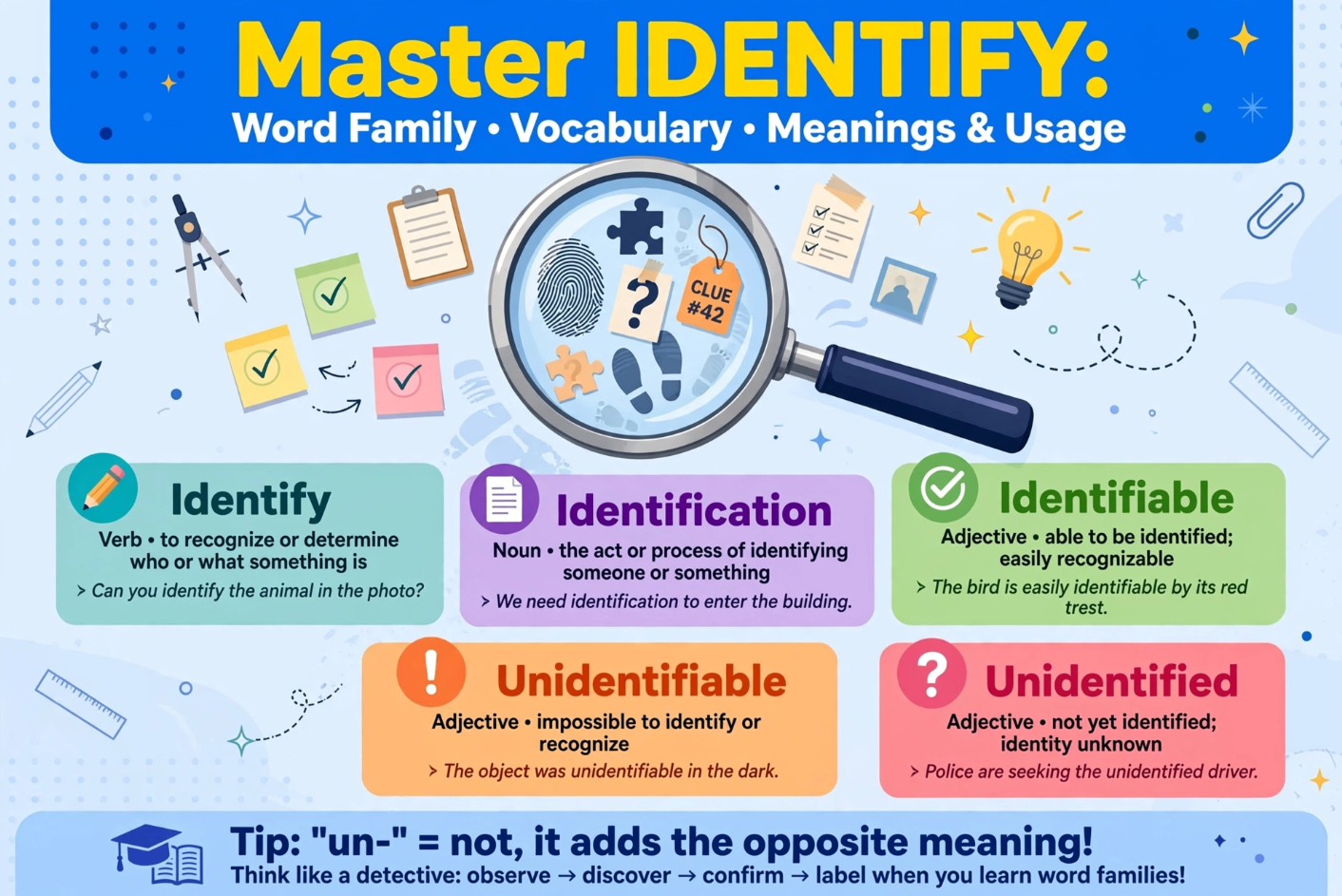Master the Word Identify Learn Identify, Identification, Identifiable, Unidentifiable & Unidentified with Examples