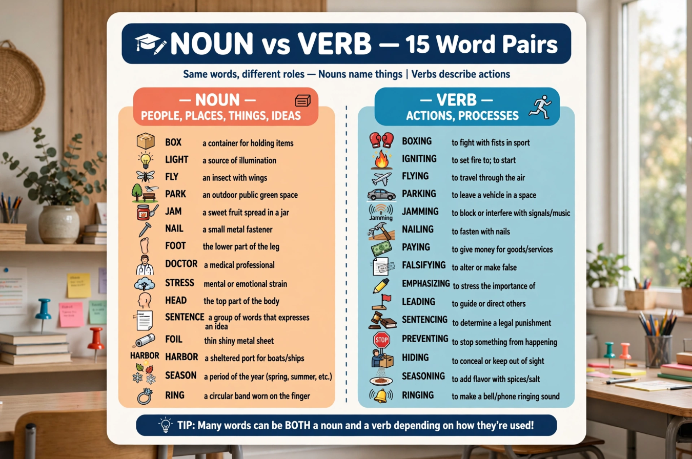 Same Word, Different Meaning! 15 Common English Words That Are Both Nouns and Verbs