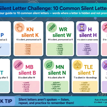 Silent Letters in English The 10 Most Common Errors infographic with examples of PS, KN, WR, H, DG, T, MB, MN, TLE, and LK