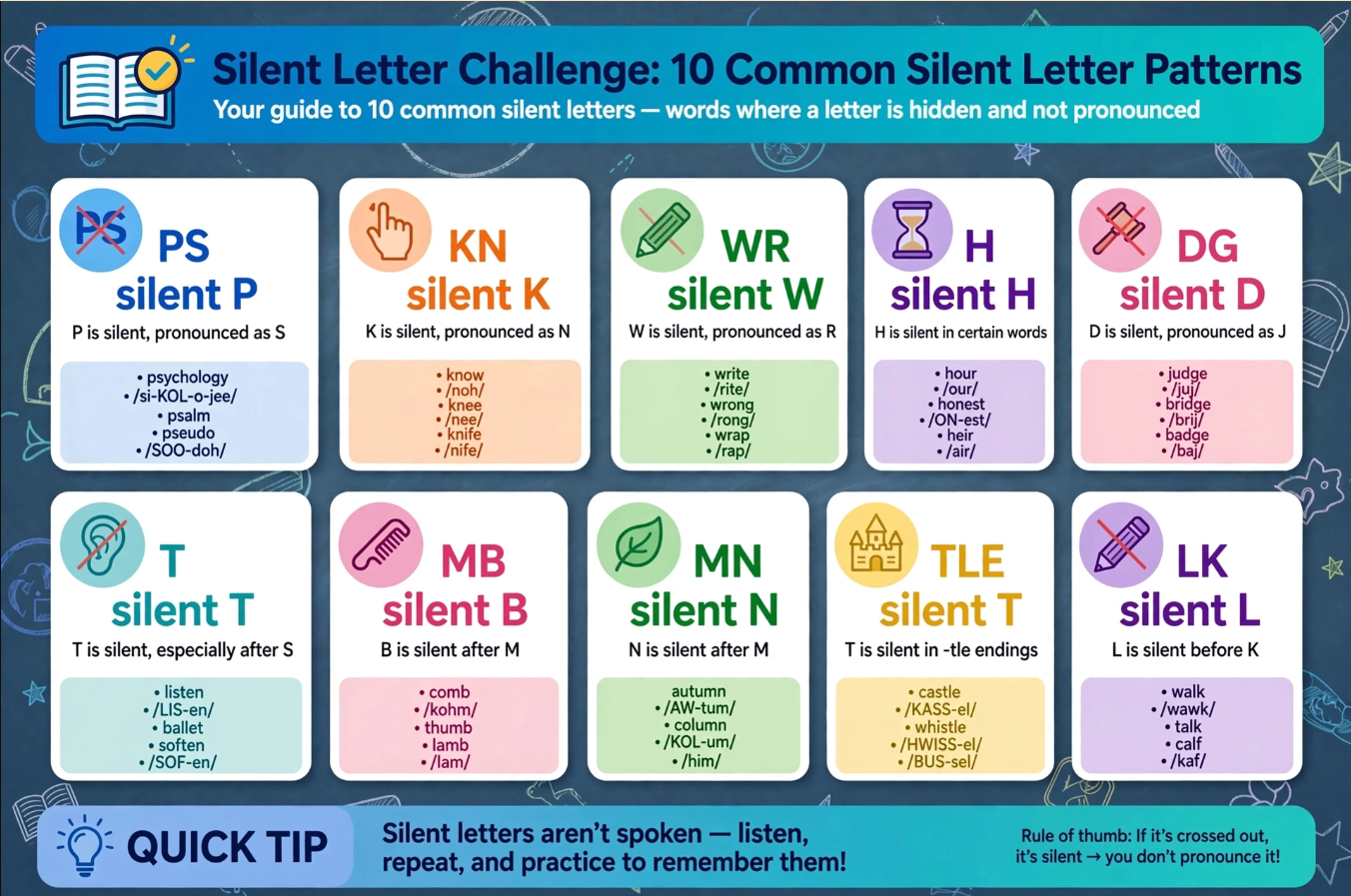 Silent Letters in English The 10 Most Common Errors infographic with examples of PS, KN, WR, H, DG, T, MB, MN, TLE, and LK