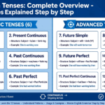 Chart showing 12 English tenses divided into basic 6 and advanced 6 with structure and examples