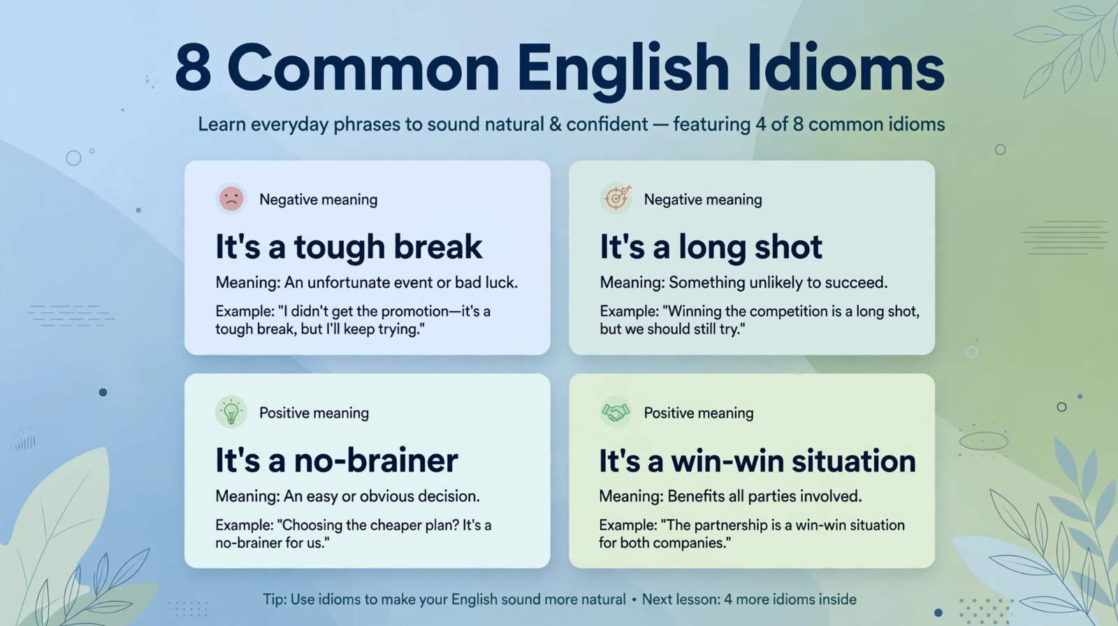 Chart showing 8 common English idioms including tough break, long shot, raw deal, necessary evil, no-brainer, turning point, safe bet, and win-win situation with short example sentences.