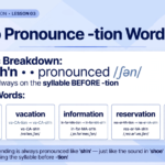 Educational banner explaining how to pronounce -tion as sh'n sound with stress before -tion