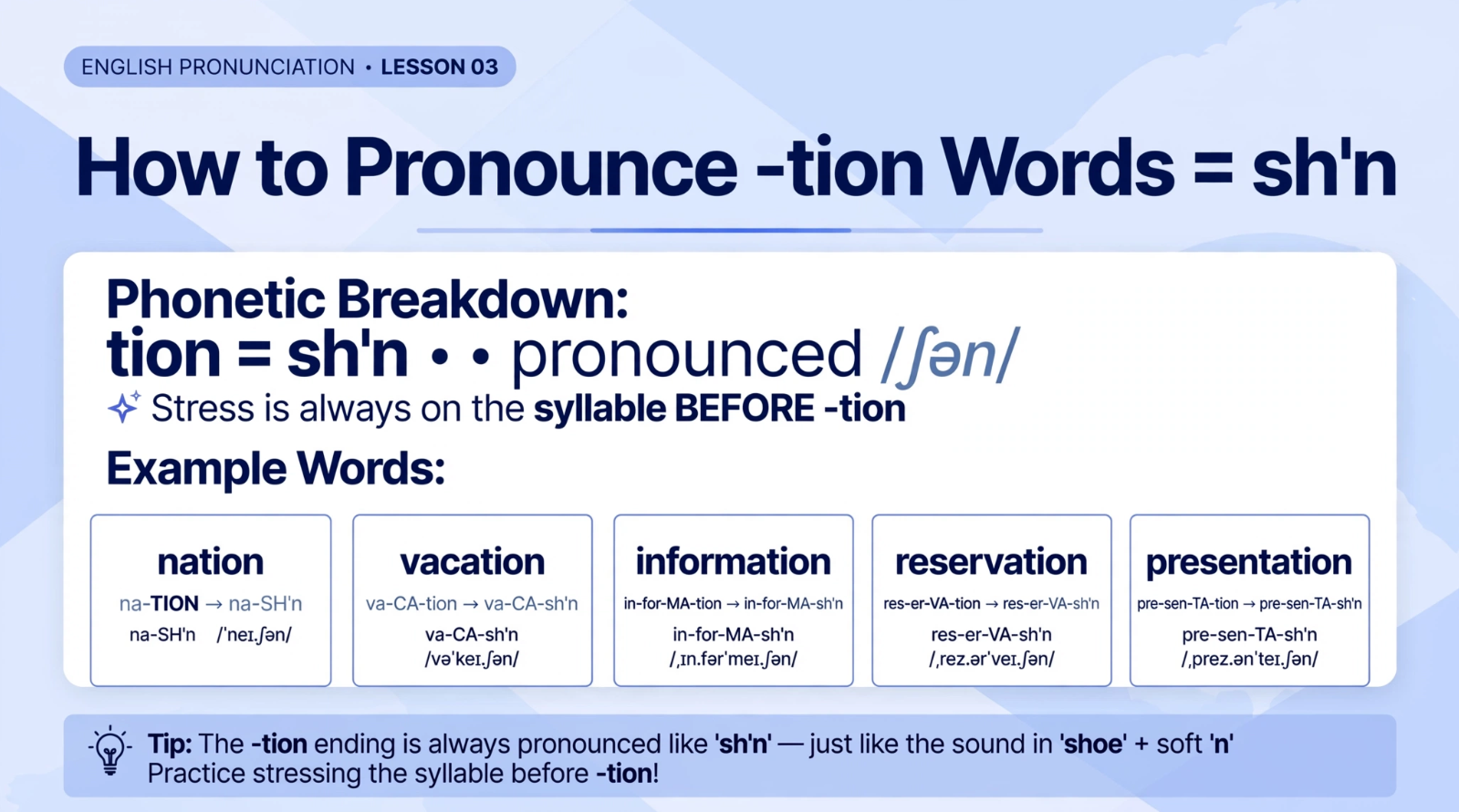 Educational banner explaining how to pronounce -tion as sh'n sound with stress before -tion