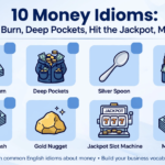 Educational banner showing 10 money idioms - money to burn, deep pockets, silver spoon, loaded, bundle, strike gold, jackpot, million bucks
