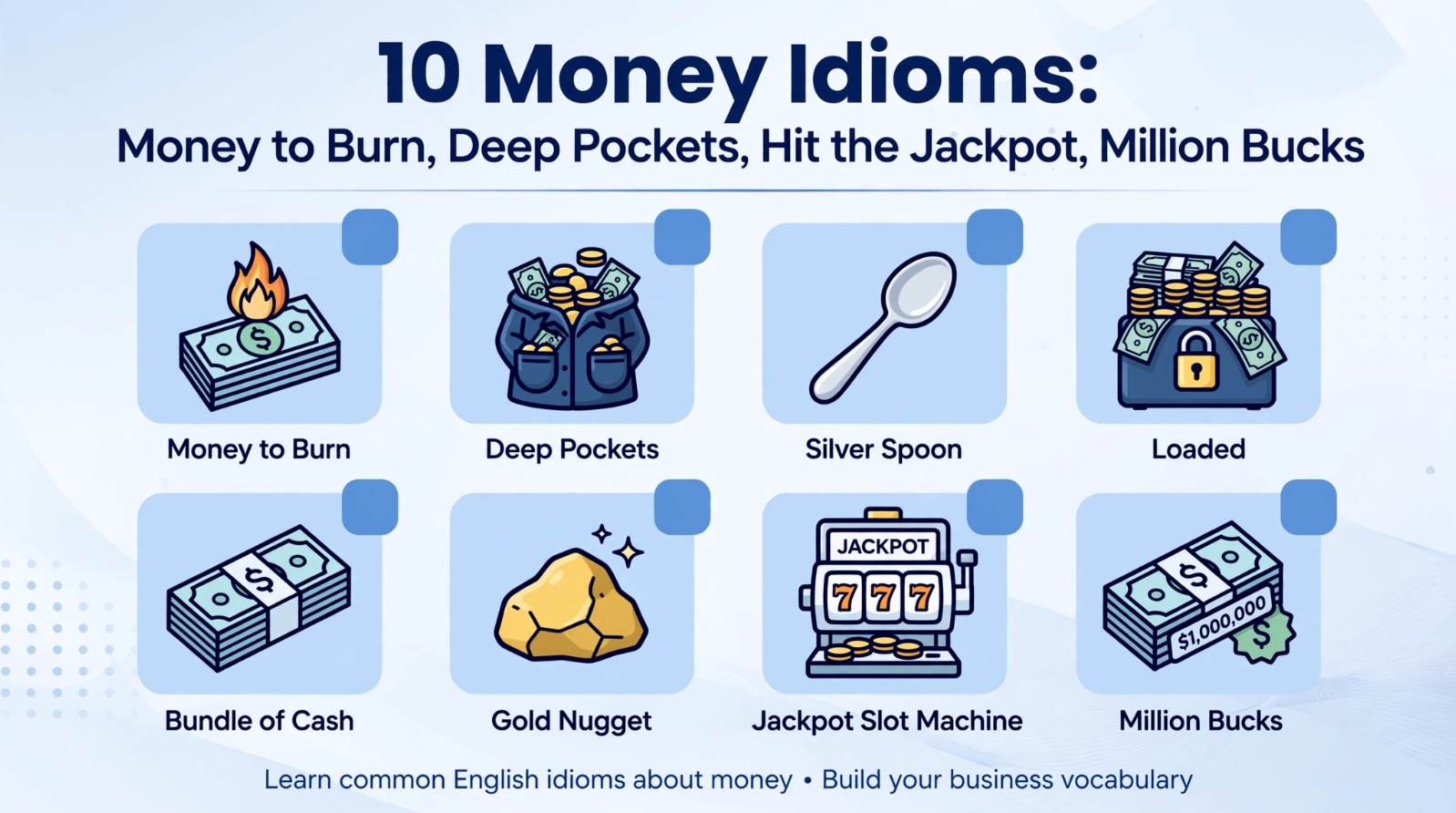 Educational banner showing 10 money idioms - money to burn, deep pockets, silver spoon, loaded, bundle, strike gold, jackpot, million bucks