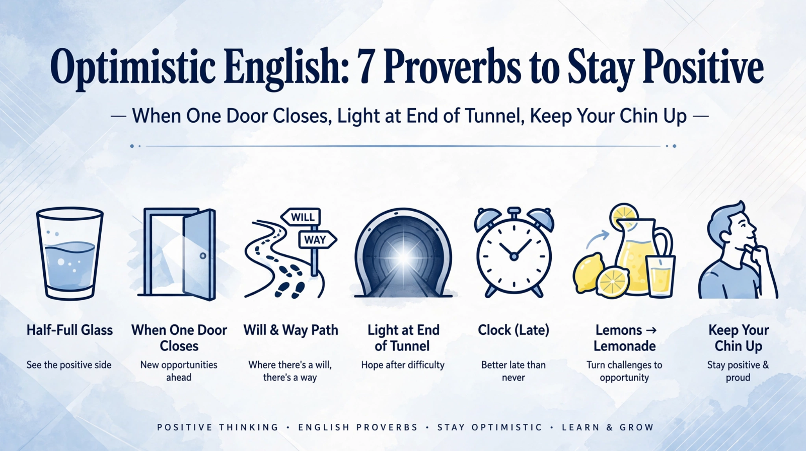 Educational banner showing 7 optimistic English proverbs - half full glass, when one door closes another opens, where there's a will there's a way, light at end of tunnel, better late than never, lemons to lemonade, keep your chin up
