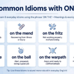 Educational banner showing 8 idioms with on the - meaning and examples for on the air, on the mend, on the fritz, on the sly, on the fence, on the ball, on the warpath, on the level