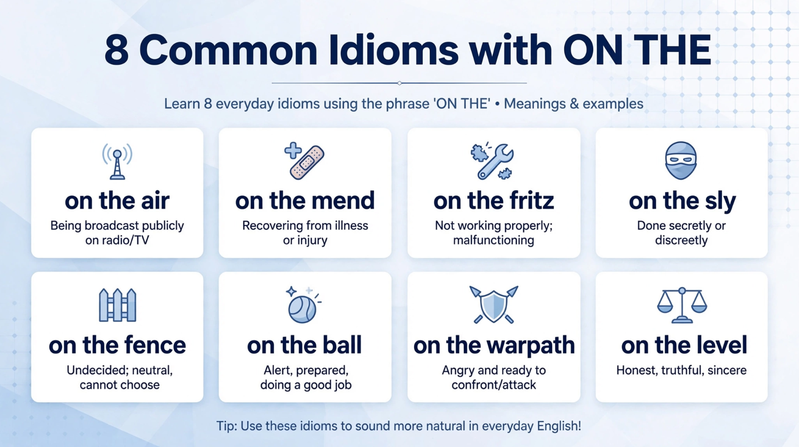 Educational banner showing 8 idioms with on the - meaning and examples for on the air, on the mend, on the fritz, on the sly, on the fence, on the ball, on the warpath, on the level