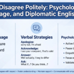 Educational banner showing how to disagree politely - body language open posture lean forward nod smile, verbal strategies apologize acknowledge answer ask, psychological techniques