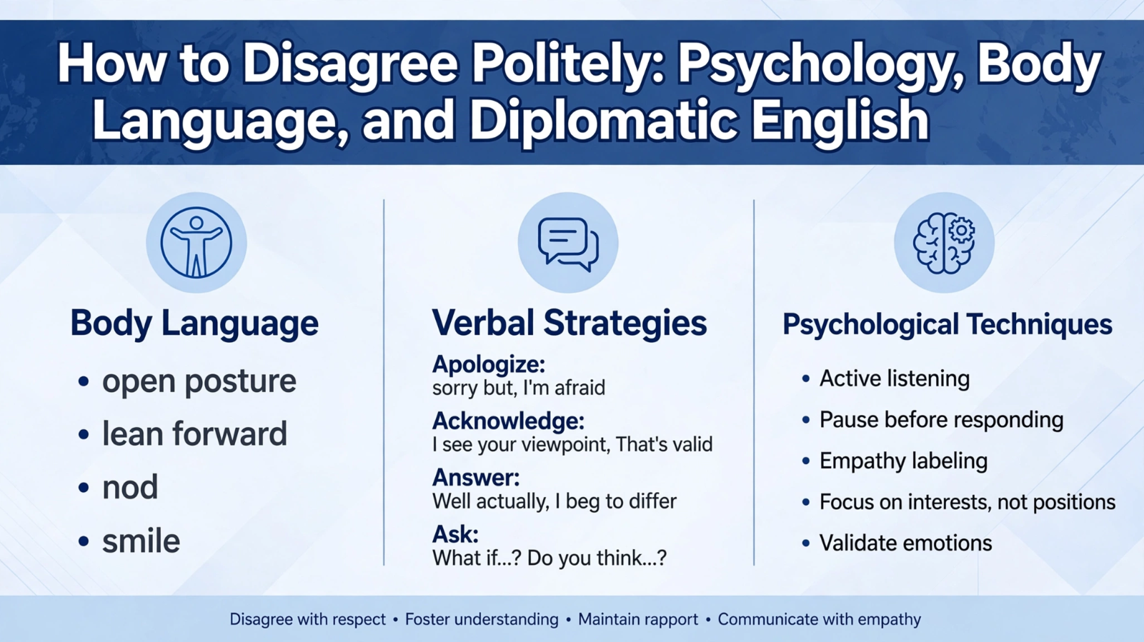 Educational banner showing how to disagree politely - body language open posture lean forward nod smile, verbal strategies apologize acknowledge answer ask, psychological techniques