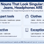 Grammar banner showing plural nouns that look singular - scissors, jeans, headphones take ARE, pair of jeans and mathematics take IS