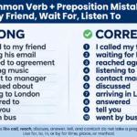 Grammar infographic showing 10 common verb preposition mistakes wrong vs correct - call my friend, wait for, listen to, arrive in, go by bus