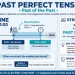 Infographic showing past perfect tense timeline - Now 1100, 900 meeting started first action past perfect had started, 1000 we arrived second action simple past, example sentence When we arrived the meeting had started, structure had + past participle