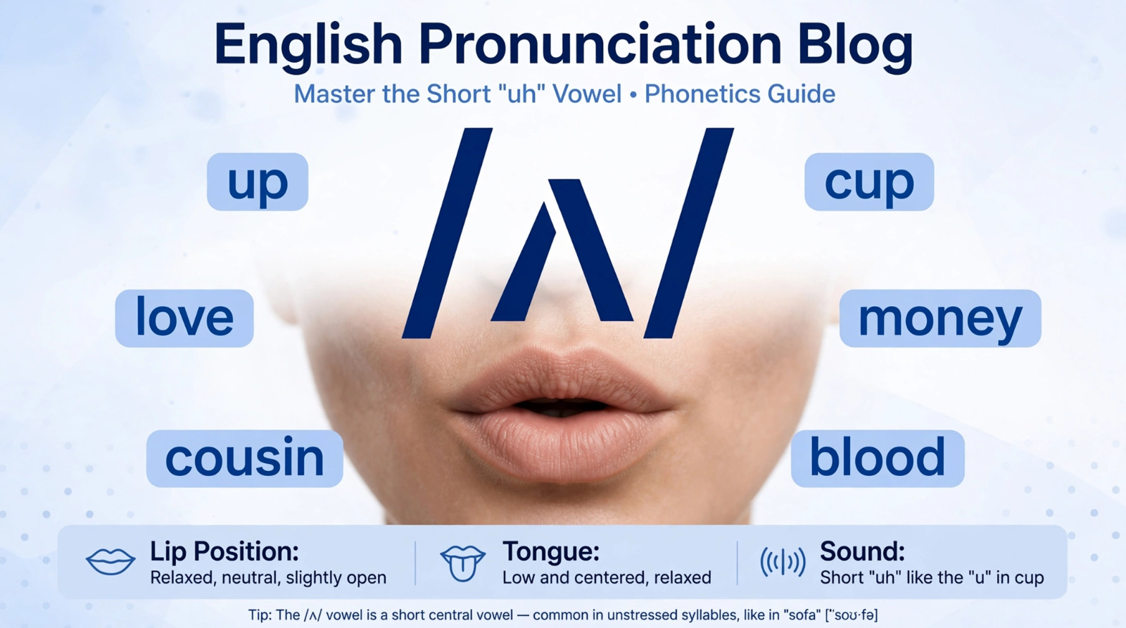 Phonetic chart showing how to pronounce the short U sound ʌ with example words
