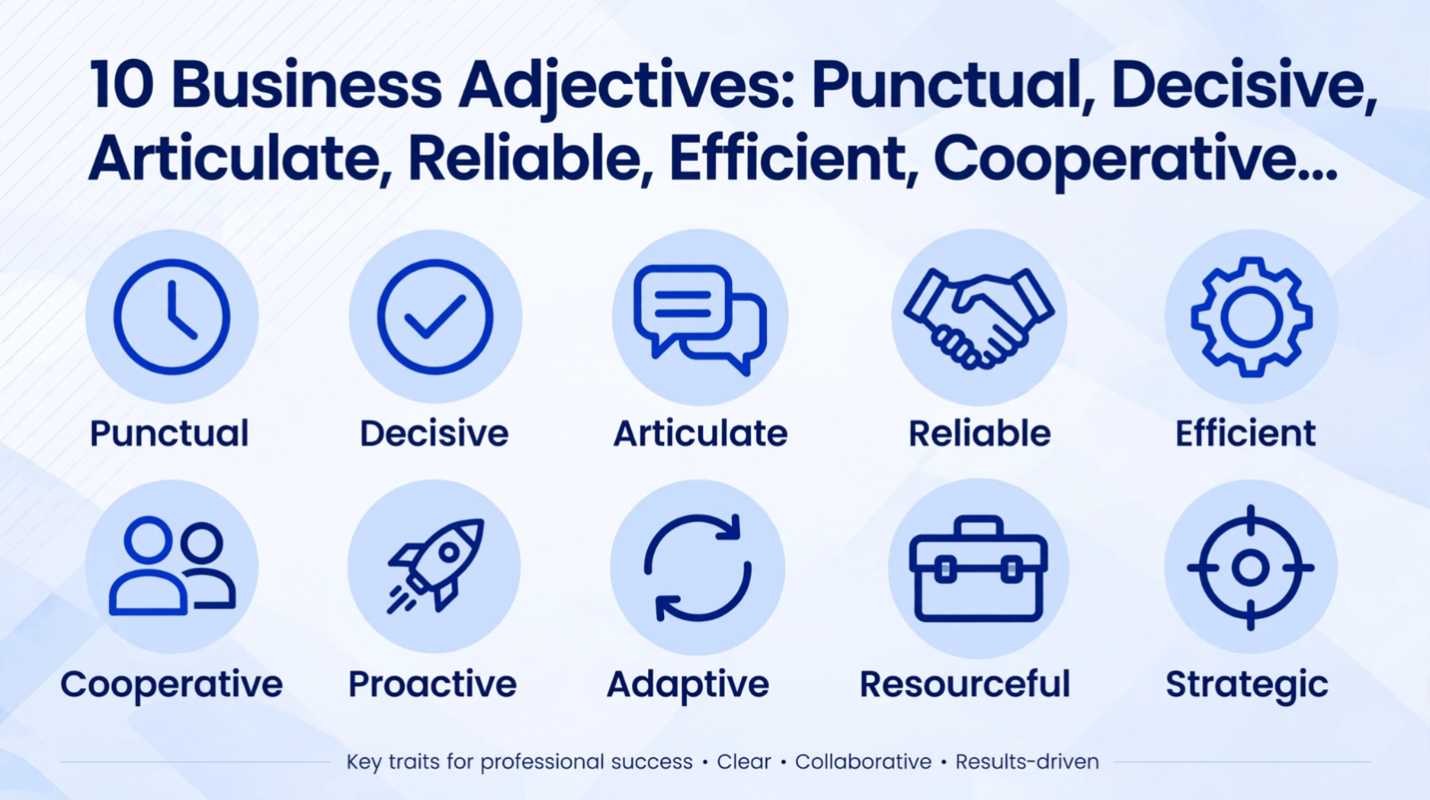 Professional banner showing 10 business adjectives - punctual, decisive, articulate, reliable, efficient, cooperative, competitive, polite