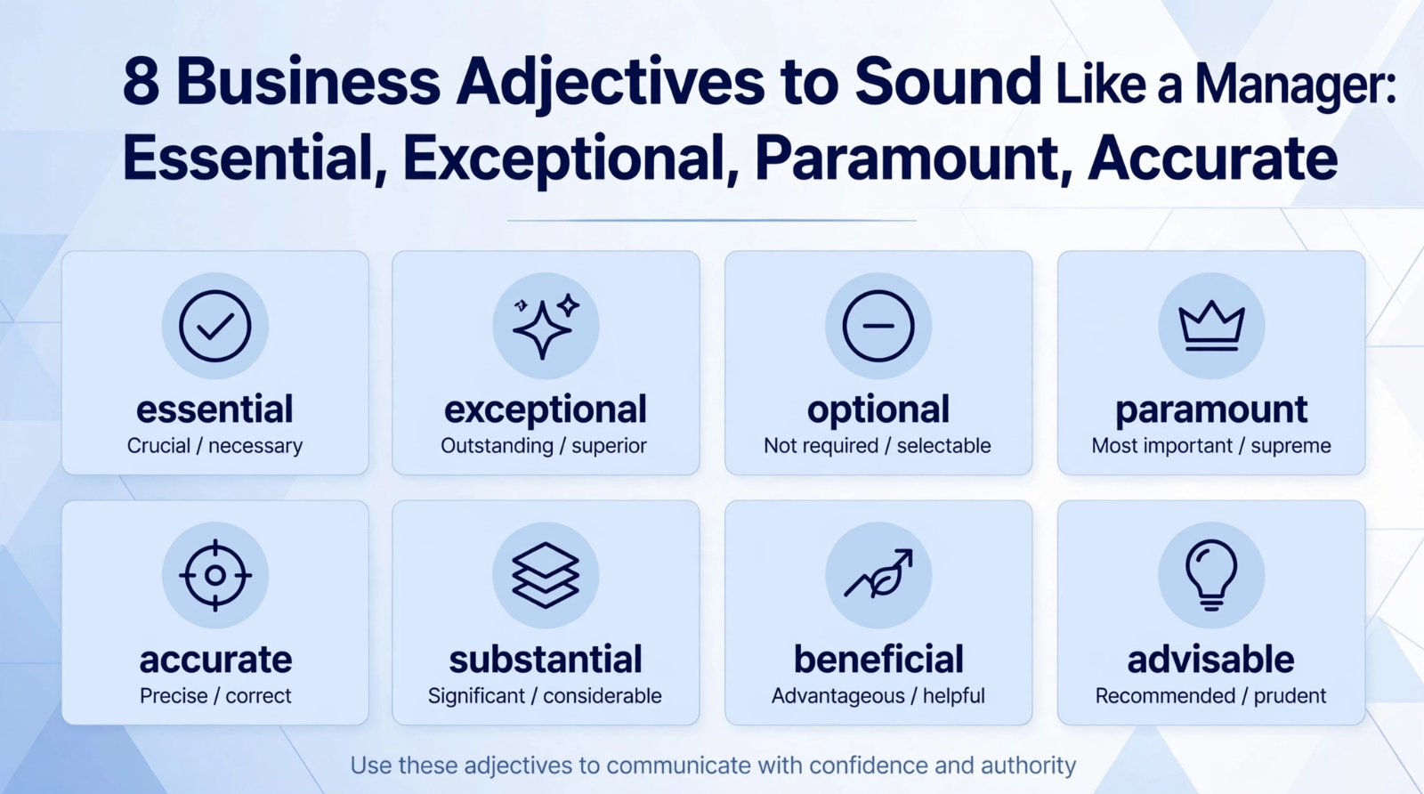 Professional banner showing 8 business adjectives to sound like a manager - essential, exceptional, optional, paramount, accurate, substantial, beneficial, advisable