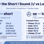 Pronunciation comparison banner showing short I ɪ ih short vs long E i ee long with example pairs thisthese, sitseat, liveleave