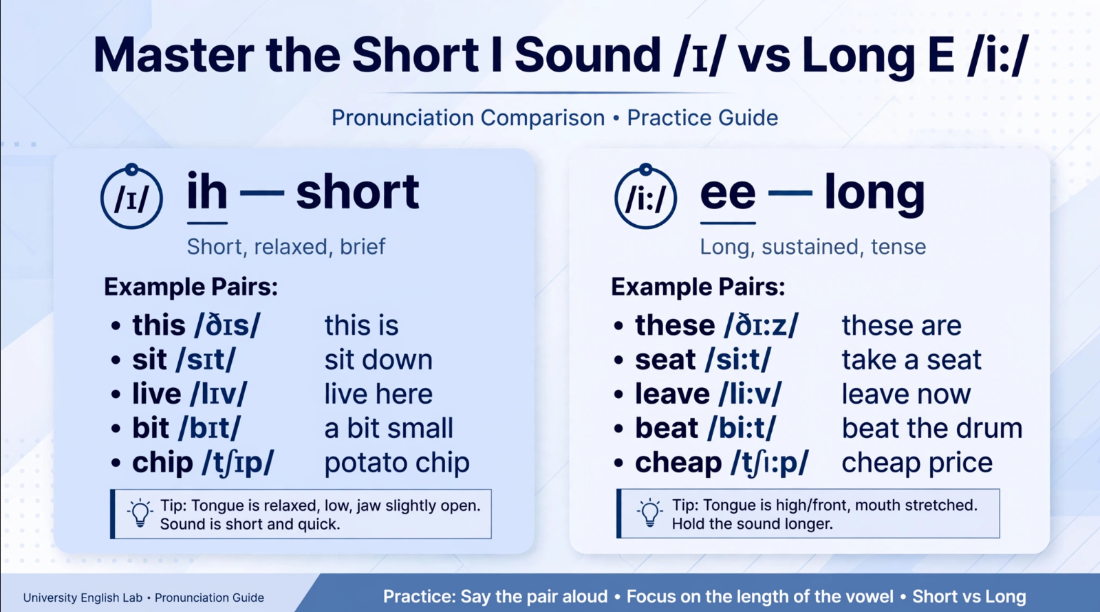 Pronunciation comparison banner showing short I ɪ ih short vs long E i ee long with example pairs thisthese, sitseat, liveleave