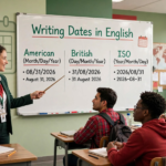 Teacher explaining American, British, and ISO date formats on a classroom whiteboard with examples and a calendar icon