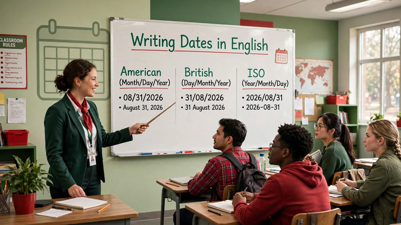 Teacher explaining American, British, and ISO date formats on a classroom whiteboard with examples and a calendar icon