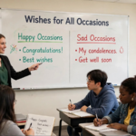 Teacher explaining English phrases for happy and sad occasions on a classroom whiteboard showing congratulatory and condolence expressions