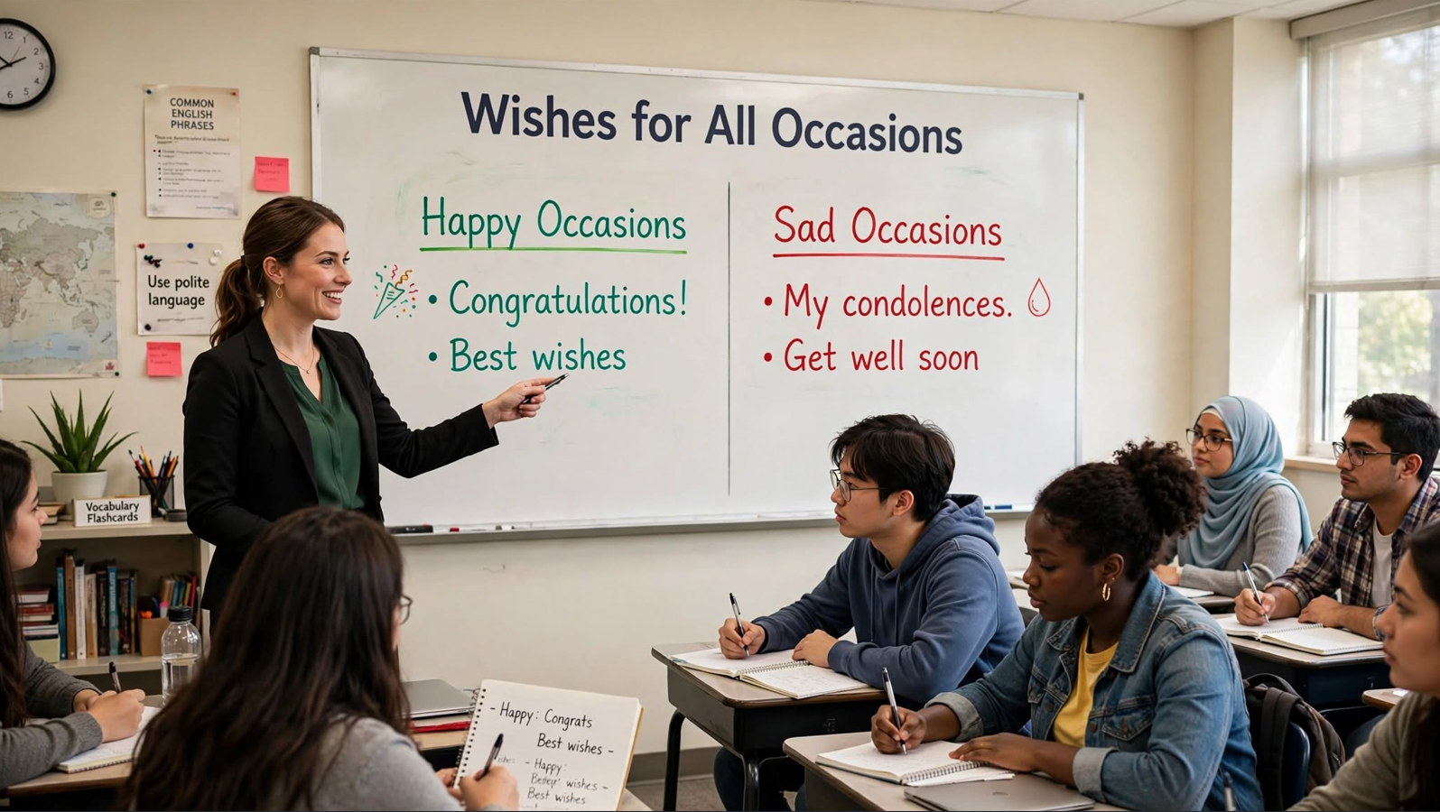 Teacher explaining English phrases for happy and sad occasions on a classroom whiteboard showing congratulatory and condolence expressions