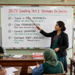 Teacher explaining IELTS Speaking Part 1 strategies on a classroom whiteboard with tips for answering questions accurately and confidently