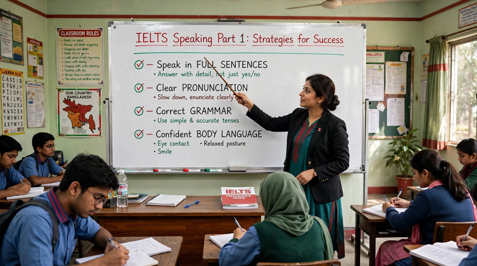 Teacher explaining IELTS Speaking Part 1 strategies on a classroom whiteboard with tips for answering questions accurately and confidently
