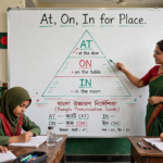 Teacher explaining at, on, in for place using a triangle diagram on a classroom whiteboard showing specific, medium, and large area usage