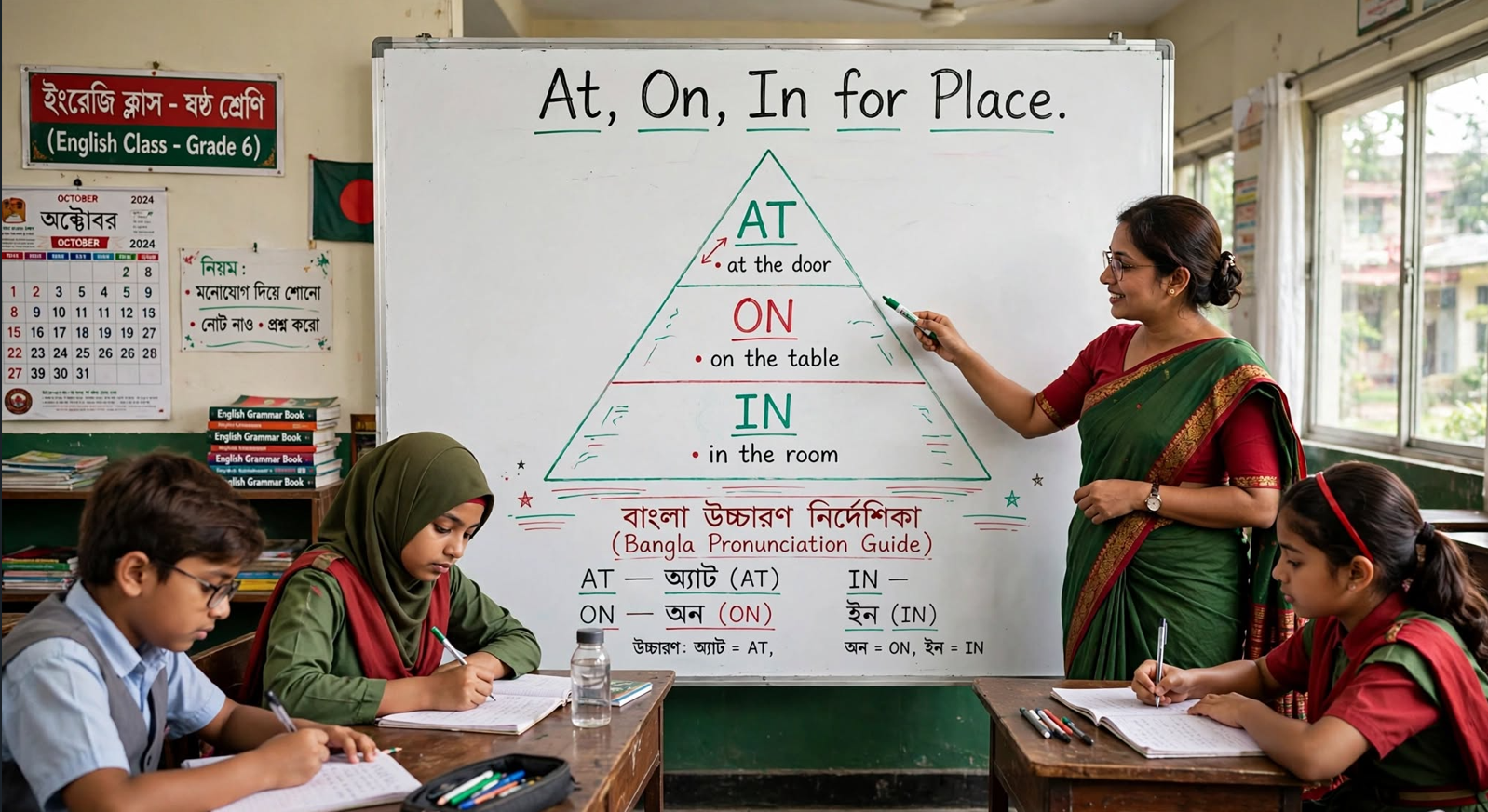 Teacher explaining at, on, in for place using a triangle diagram on a classroom whiteboard showing specific, medium, and large area usage