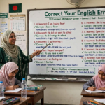 Teacher explaining common English errors on a classroom whiteboard showing ten categories of mistakes with corrected examples