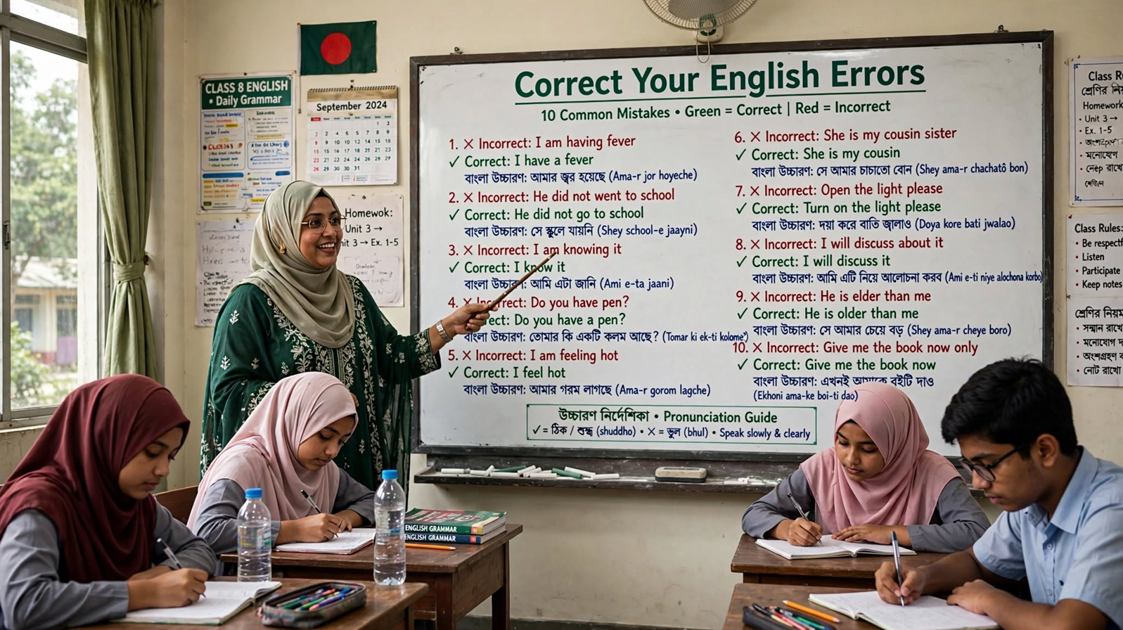 Teacher explaining common English errors on a classroom whiteboard showing ten categories of mistakes with corrected examples
