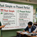 Teacher explaining comparison between past simple and present perfect tenses on a classroom whiteboard with example sentences.