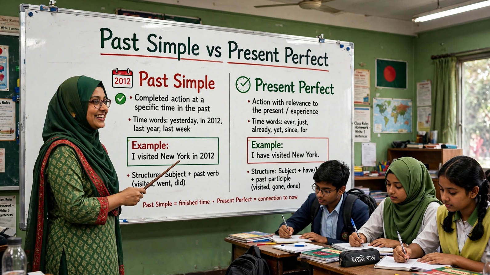 Teacher explaining comparison between past simple and present perfect tenses on a classroom whiteboard with example sentences.