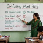 Teacher explaining confusing English word pairs pronunciation on classroom whiteboard with examples and phonetic symbols