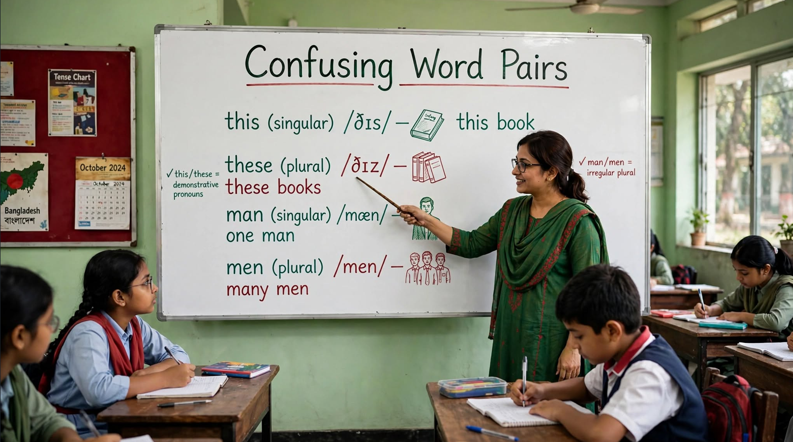 Teacher explaining confusing English word pairs pronunciation on classroom whiteboard with examples and phonetic symbols