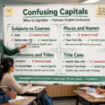 Teacher explaining confusing capitalization rules on a classroom whiteboard with sections for subjects, courses, places, professions, and title case examples