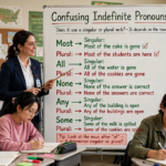 Teacher explaining confusing indefinite pronouns on a classroom whiteboard showing when to use singular and plural verbs with examples for most, all, none, any, and some.